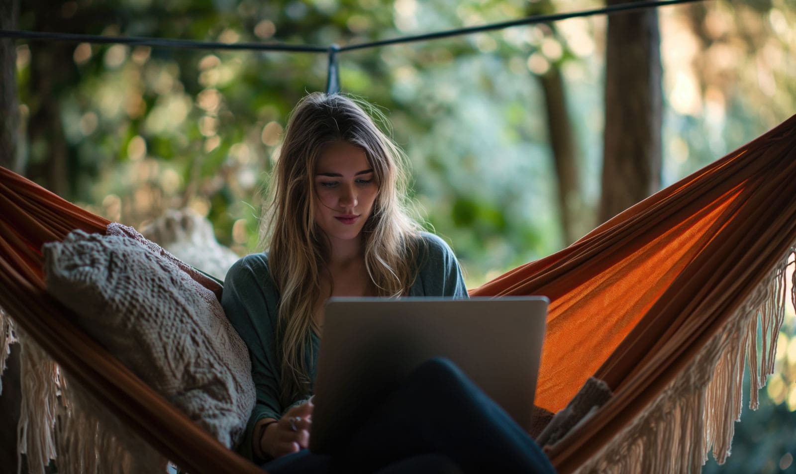 front view woman hammock working